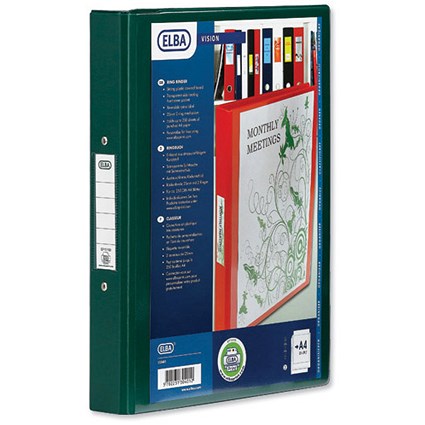 Elba Vision Ring Binder PVC Clear Front Pocket 2 O-Ring Size 25mm A4 Green [Pack 10]