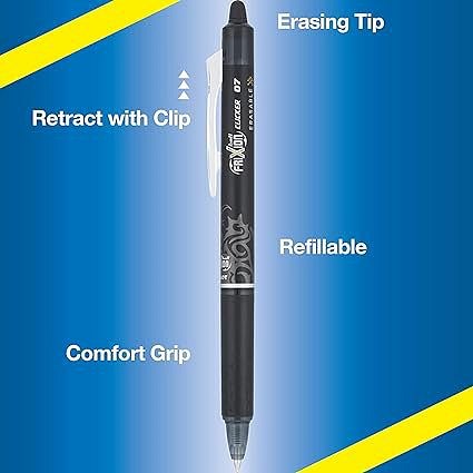 Pilot Frixion Clicker Erasable Gel Rollerball Pen 0.7mm Tip 0.35mm Line Black Greenpack (Pack 12 + 12 Refills) -