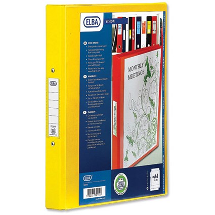 Elba Vision Ring Binder PVC Clear Front Pocket 2 O-Ring Size 25mm A4 Yellow [Pack 10]