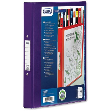 Elba Vision Ring Binder PVC Clear Front Pocket 2 O-Ring Size 25mm A4 Purple [Pack 10]