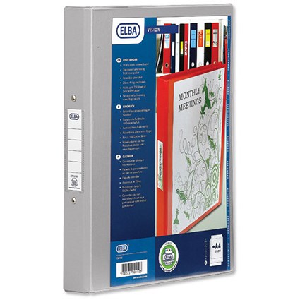 Elba Vision Ring Binder PVC Clear Front Pocket 2 O-Ring Size 25mm A4 Grey [Pack 10]