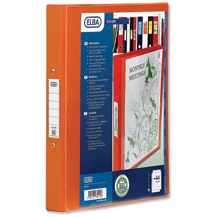 Elba Vision Ring Binder PVC Clear Front Pocket 2 O-Ring Size 25mm A4 Orange [Pack 10]
