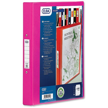 Elba Vision Ring Binder PVC Clear Front Pocket 2 O-Ring Size 25mm A4 Pink [Pack 10]