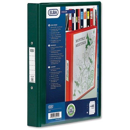 Elba Vision Ring Binder PVC Clear Front Pocket 4 O-Ring Size 25mm A4 Green [Pack 10]