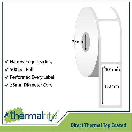 Thermalrite Direct Thermal Labels, 101x152mm, 25mm core, 500 Labels per Roll, Pack of 20