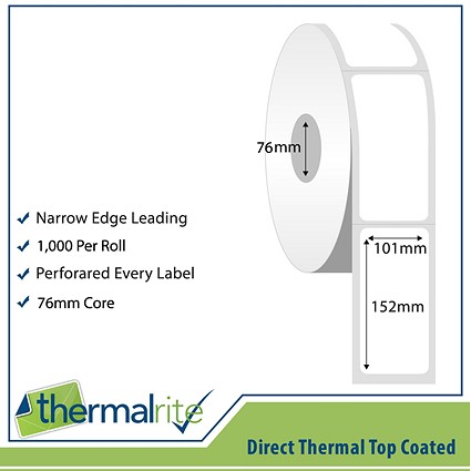 Thermalrite Direct Thermal Labels, 101x152mm 76mm core, 1000 Labels per Roll, Pack of 10