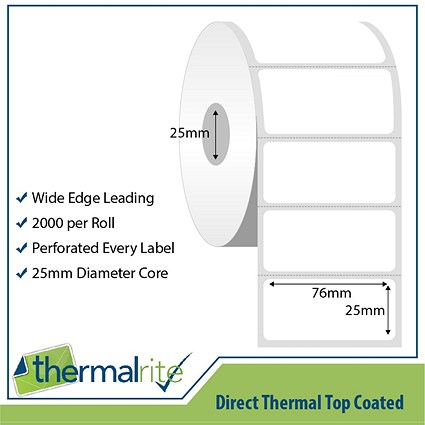 Thermalrite Direct Thermal Labels, 76x25mm, 25mm core, 2000 Lables per Roll, Pack of 20
