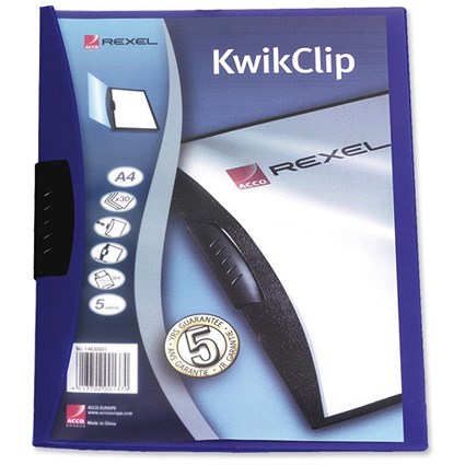 Rexel Kwikclip Folder 3mm Spine for 30 Sheets A4 Blue [Pack 25]