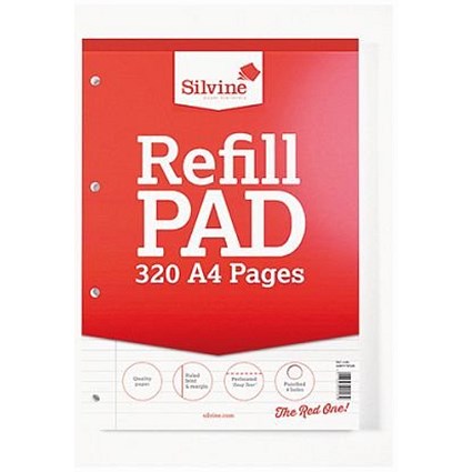 Silvine Refill Pad, A4, Lined With Margin, 320 Pages, Red, Pack of 3