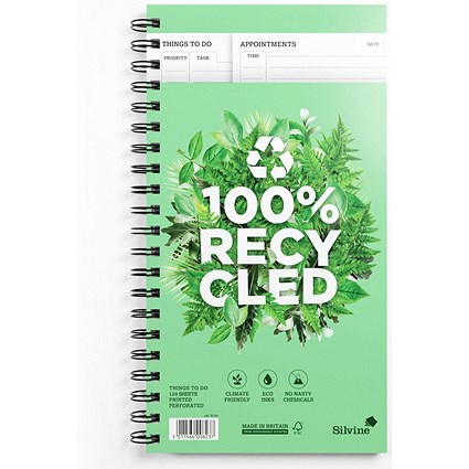 Silvine Recycled Wirebound Things To-Do Book 280 x 150mm 120 Sheets 100% Recycled Paper Green (Pack 5) -