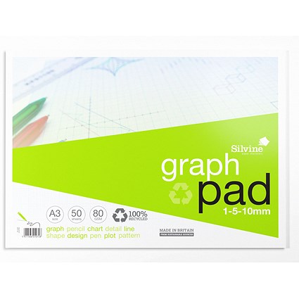Silvine Recycled Graph Pad A3 Printed 1-5-10mm 50 Sheets 100% Recycled Paper Green (Pack 10) - A3GPRE