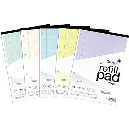 Silvine SEN Refill Pad, A4, Ruled With Margin, Tinted Coloured Papers, 100 Pages, Assorted, Pack of 5