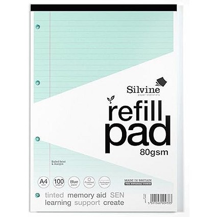 Silvine SEN Refill Pad, A4, Ruled With Margin, Tinted Coloured Papers, 100 Pages, Blue, Pack of 5