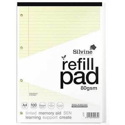 Silvine SEN Refill Pad, A4, Ruled With Margin, Tinted Coloured Papers, 100 Pages, Cream, Pack of 6