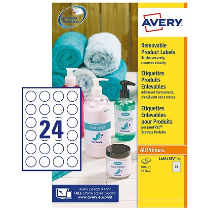 Avery UK Removable Round Labels 37mm White (Pack 600 Labels) - L4851REV-25