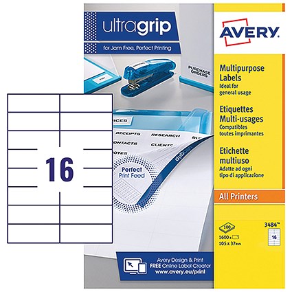 Avery UK Multipurpose Labels Ultragrip 105 x 37 mm White (Pack 100 Labels) - 3484
