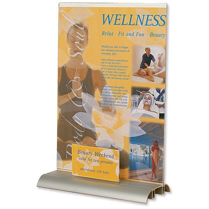 Durable Presenter Sign and Literature Holder Desktop Acrylic with Metal Base A4 Plus Clear