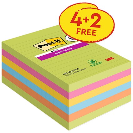 Post-it Super Sticky Large Notes Lined 101x152mm Assorted Colours Promo Pack 90 Sheets per Pad (Pack 4 + 2 Free) - 7100263461