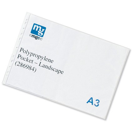 Emgee Pocket Polypropylene Multipunched Reinforced 80 Micron Landscape A3 Clear [Pack 25]
