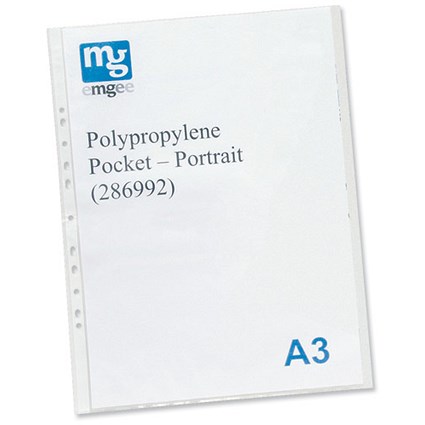 Emgee Pocket Polypropylene Multipunched Reinforced 80 Micron Portrait A3 Clear [Pack 25]