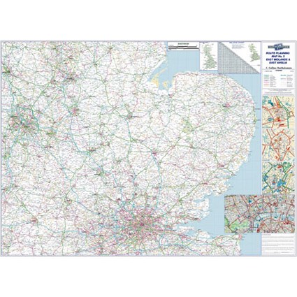 Map Marketing Wall Road Map 4 Miles to 1 inch Scale W1240xH950mm East Midlands and East Anglia