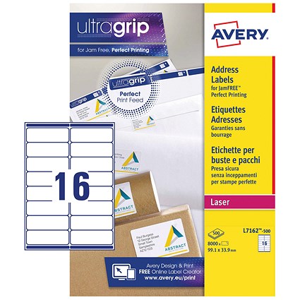 Avery Laser Address Labels 99.1 x 33.9 mm White (Pack 8000 Labels) - L7162-500