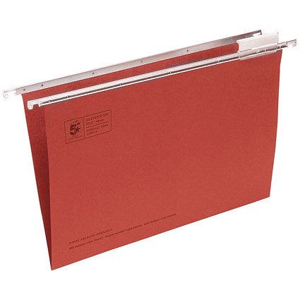 5 Star Suspension Files, V Base, 15mm Capacity, Foolscap, Red, Pack of 50