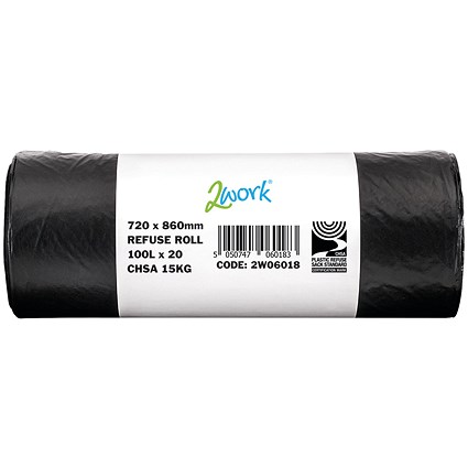 2Work Heavy Duty Refuse Sack, 100 Litre, Black, Pack of 200
