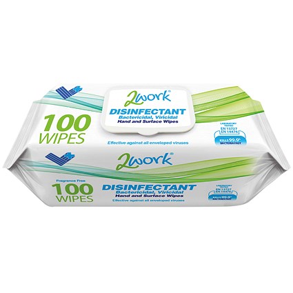 2Work Viricidal Hand & Surface Wipes, Pack of 100
