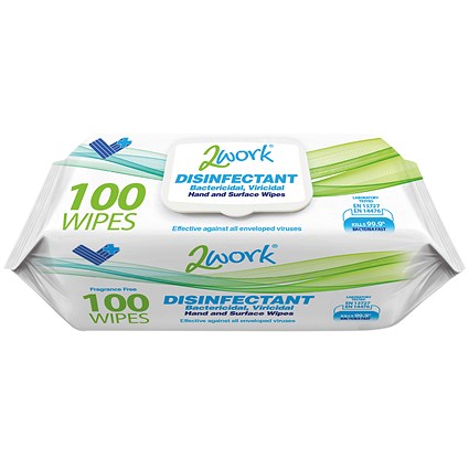 2Work Viricidal Hand & Surface Wipes, Pack of 100