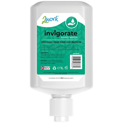 2Work Invigorate Mild Green Anti-Bacterial Hand Wash Cartridge, 1 Litre, Pack of 6