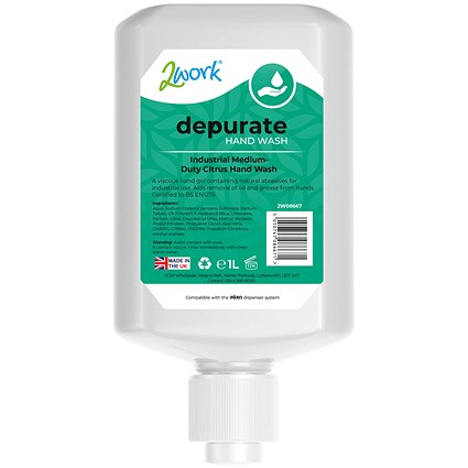 2Work Depurate Industrial Medium Duty Hand Wash Cartridge, 1 Litre, Pack of 6