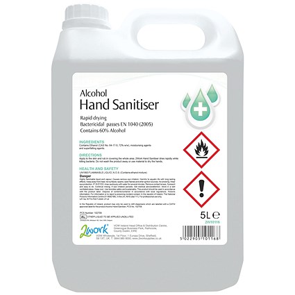 2Work Alcohol Hand Sanitiser, 5 Litres, Pack of 2