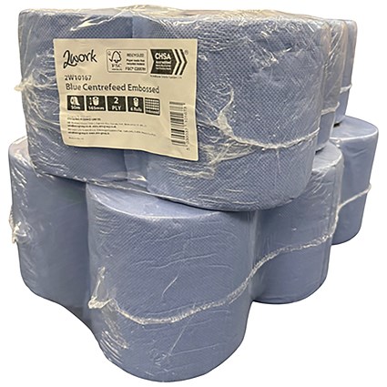 2Work 2-Ply Embossed Centrefeed Roll 50m Blue (Pack of 6) 2W10167