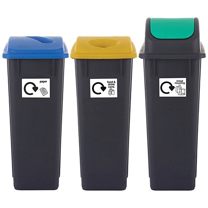 2Work Recycling Bins 65 Litre Assorted Pack of 3