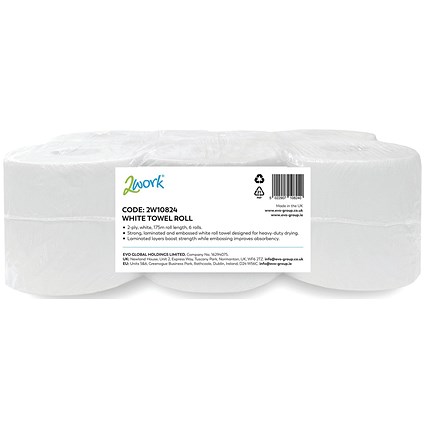 2Work 2-Ply Hand Towel Roll 175m Embossed White Pack of 6 2W10824