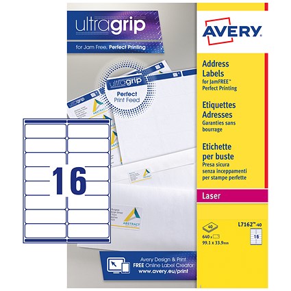 Avery Jam-free Laser Addressing Labels, 16 per Sheet, 99.1x33.9mm, White, L7162-40, 640 Labels