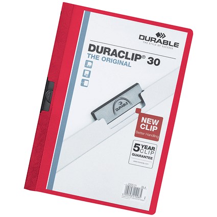 Durable A4 Duraclip Folders, 3mm Spine, Red, Pack of 25