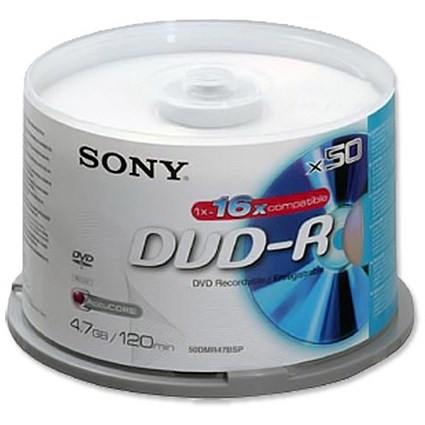 Sony DVD-R Recordable Disk Write-once on Spindle 16x Speed 120min 4.7Gb [Pack 50]