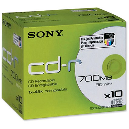 Sony CD-R Recordable Disk Inkjet Printable Cased 52x Speed 80min 700Mb [Pack 10]