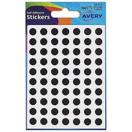 Avery Coloured Labels / 8mm Diameter / Black / 32-275 / 10 x 560 Labels