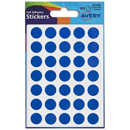 Avery Coloured Labels / 13mm Diameter / Blue / 32-308 / 10 x 245 Labels