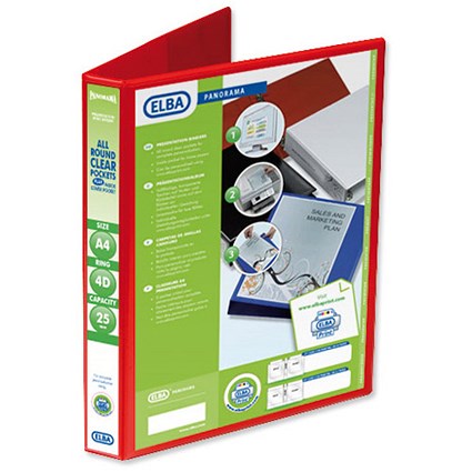 Elba Panorama Presentation Binder / A4 / 4 D-Ring / 25mm Capacity / Red / Pack of 6