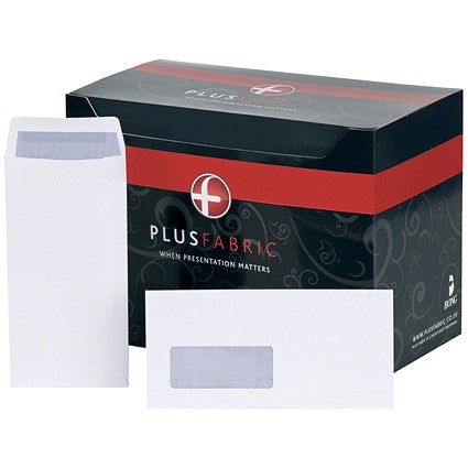 Plus Fabric DL Envelopes with Window, White, Peel and Seal, Pack of 500