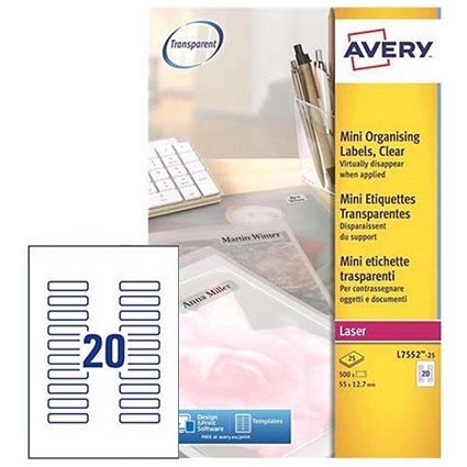 Avery Clear Laser Addressing Labels, 20 per Sheet, 55x12.7mm, L7552-25, 500 Labels