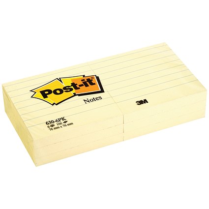 Post-it Notes, Feint Ruled, 76x76mm, Yellow, Pack of 6