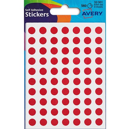 Avery Coloured Label Round 8mm Diameter Red (560 Labels) 32-301