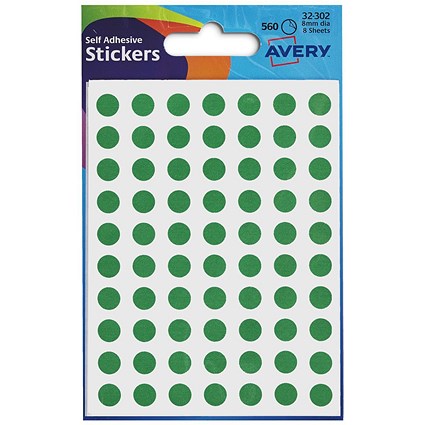 Avery Coloured Label Round 8mm Diameter Green (560 Labels) 32-302