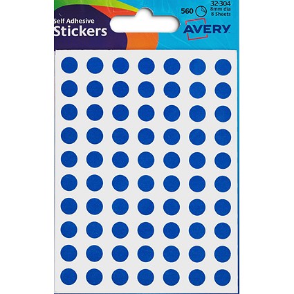 Avery Coloured Label Round 8mm Diameter Blue (560 Labels) 32-304