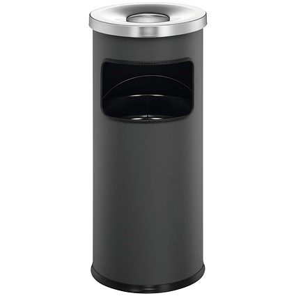 Durable Round Metal Waste Bin with Fire Extinguishing Ashtray, 17 Litre Bin/2 Litre Ashtray, Grey
